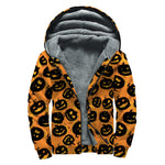 Black Halloween Pumpkin Pattern Print Sherpa Lined Zip Up Hoodie