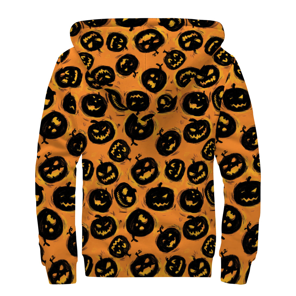Black Halloween Pumpkin Pattern Print Sherpa Lined Zip Up Hoodie
