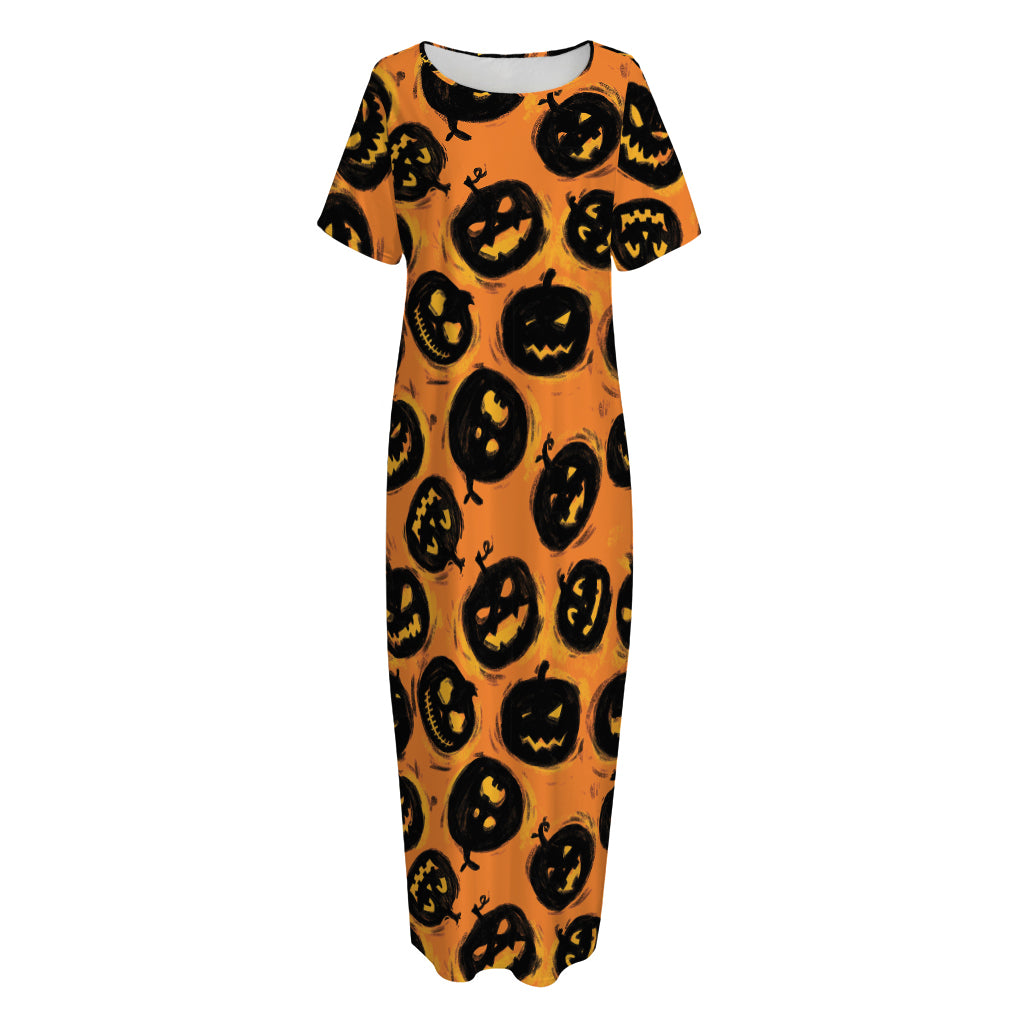 Black Halloween Pumpkin Pattern Print Short Sleeve Long Nightdress