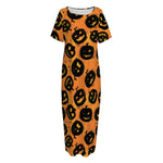 Black Halloween Pumpkin Pattern Print Short Sleeve Long Nightdress