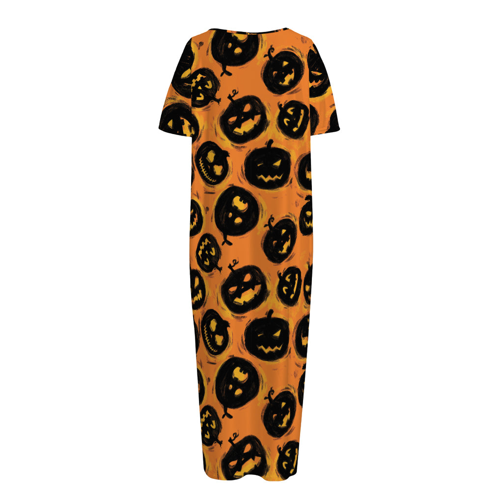 Black Halloween Pumpkin Pattern Print Short Sleeve Long Nightdress