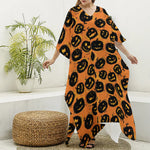 Black Halloween Pumpkin Pattern Print Silk V-Neck Kaftan Dress