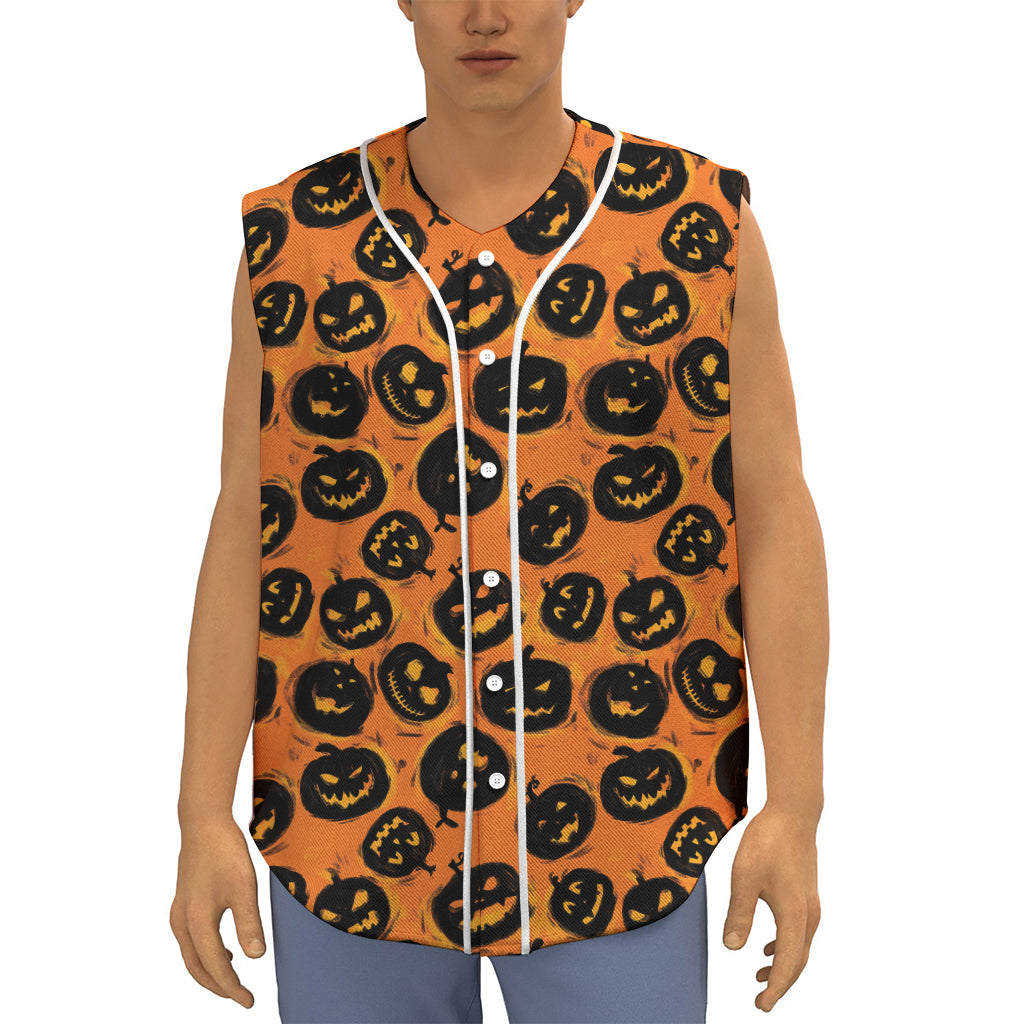 Black Halloween Pumpkin Pattern Print Sleeveless Baseball Jersey