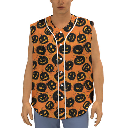 Black Halloween Pumpkin Pattern Print Sleeveless Baseball Jersey