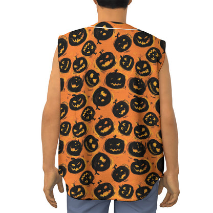 Black Halloween Pumpkin Pattern Print Sleeveless Baseball Jersey
