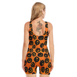 Black Halloween Pumpkin Pattern Print Sleeveless One Piece Swimsuit