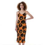 Black Halloween Pumpkin Pattern Print Slim Fit Midi Cami Dress