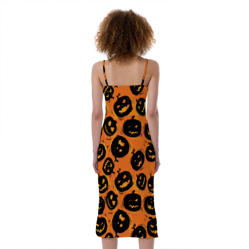 Black Halloween Pumpkin Pattern Print Slim Fit Midi Cami Dress