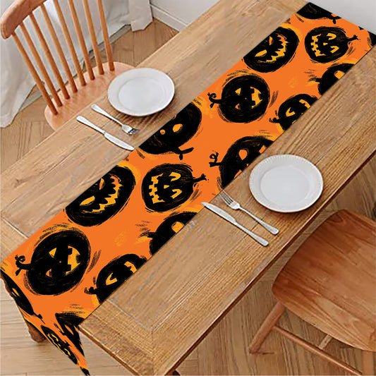 Black Halloween Pumpkin Pattern Print Table Runner