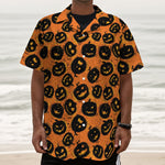 Black Halloween Pumpkin Pattern Print Textured Short Sleeve Shirt