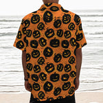 Black Halloween Pumpkin Pattern Print Textured Short Sleeve Shirt