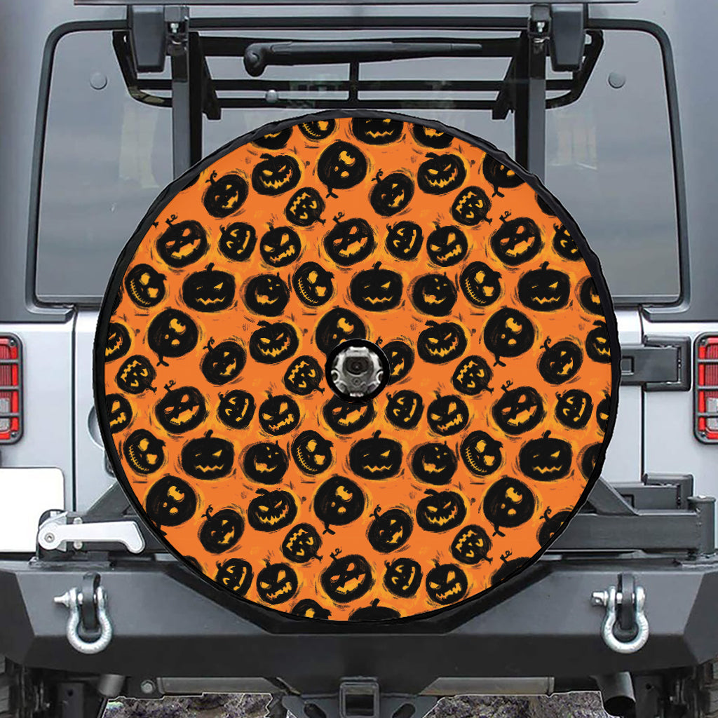 Black Halloween Pumpkin Pattern Print Tire Cover With Camera Hole