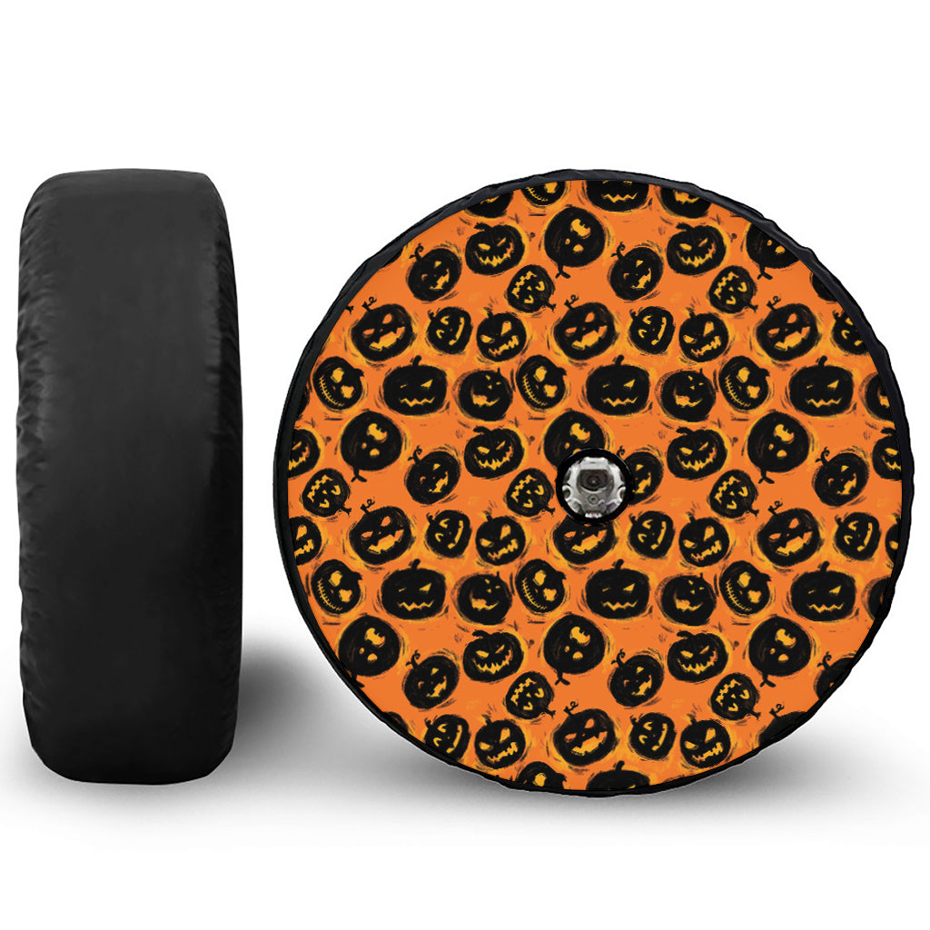 Black Halloween Pumpkin Pattern Print Tire Cover With Camera Hole