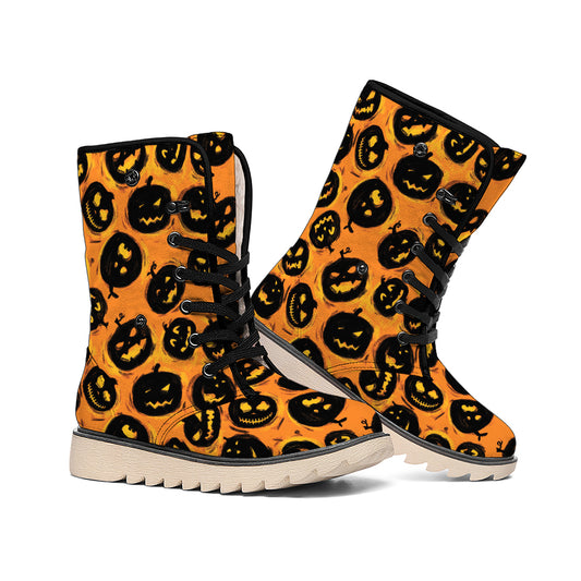 Black Halloween Pumpkin Pattern Print Winter Boots