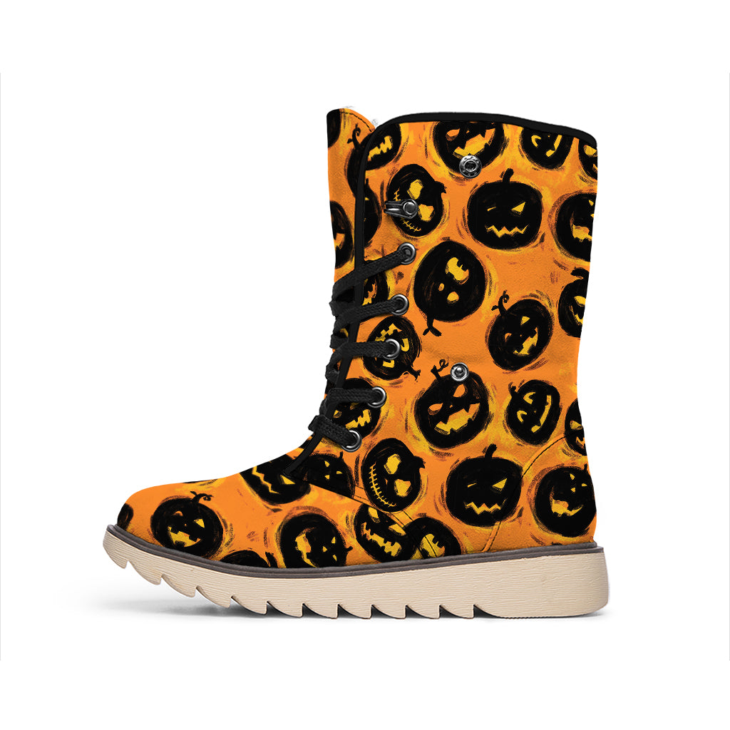 Black Halloween Pumpkin Pattern Print Winter Boots