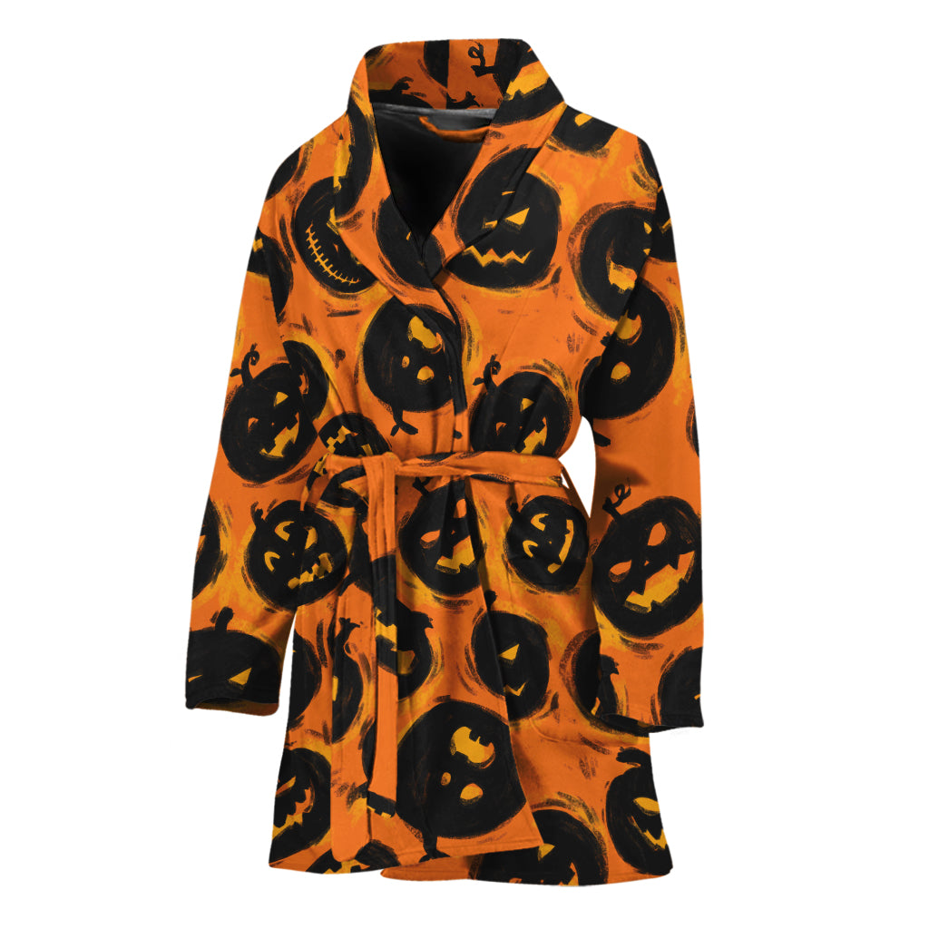 Black Halloween Pumpkin Pattern Print Women's Bathrobe