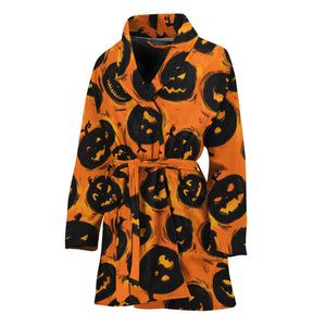 Black Halloween Pumpkin Pattern Print Women's Bathrobe