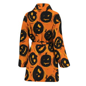 Black Halloween Pumpkin Pattern Print Women's Bathrobe