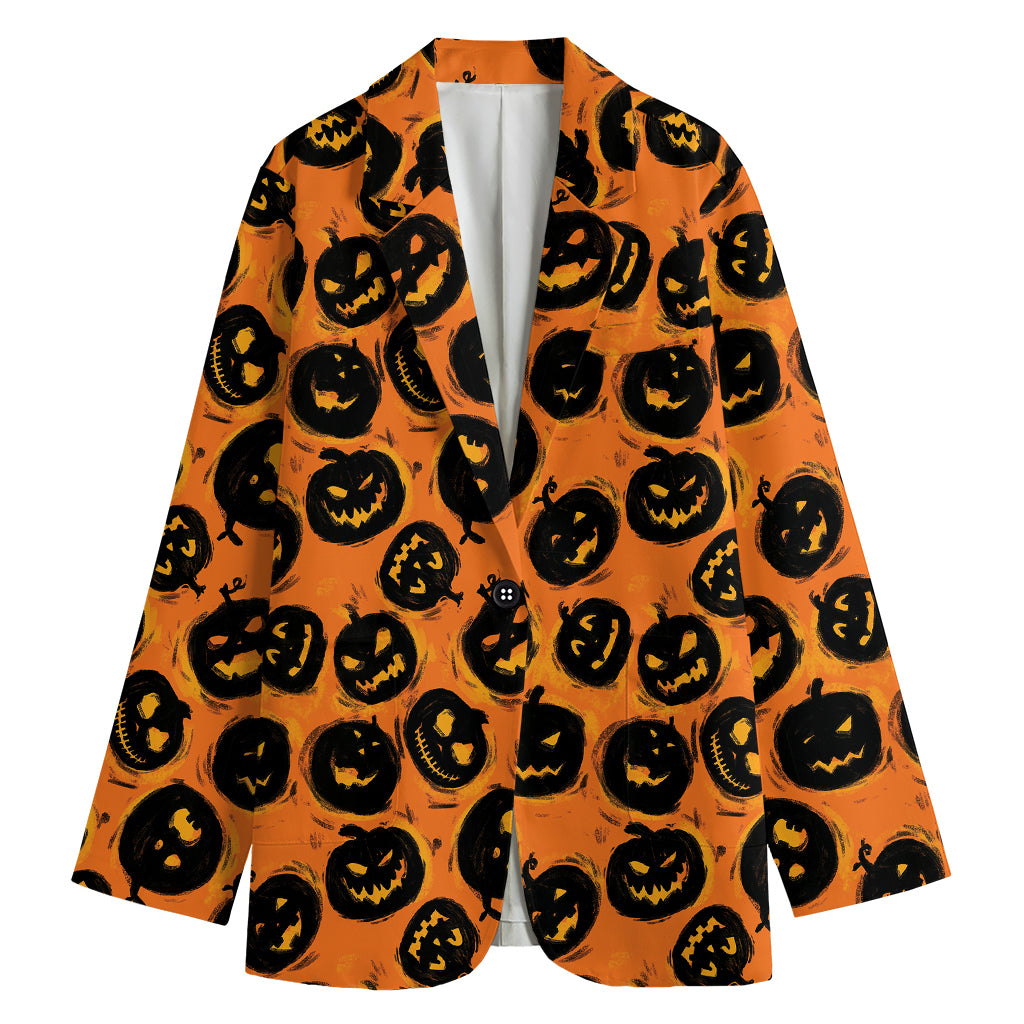 Black Halloween Pumpkin Pattern Print Women's Blazer