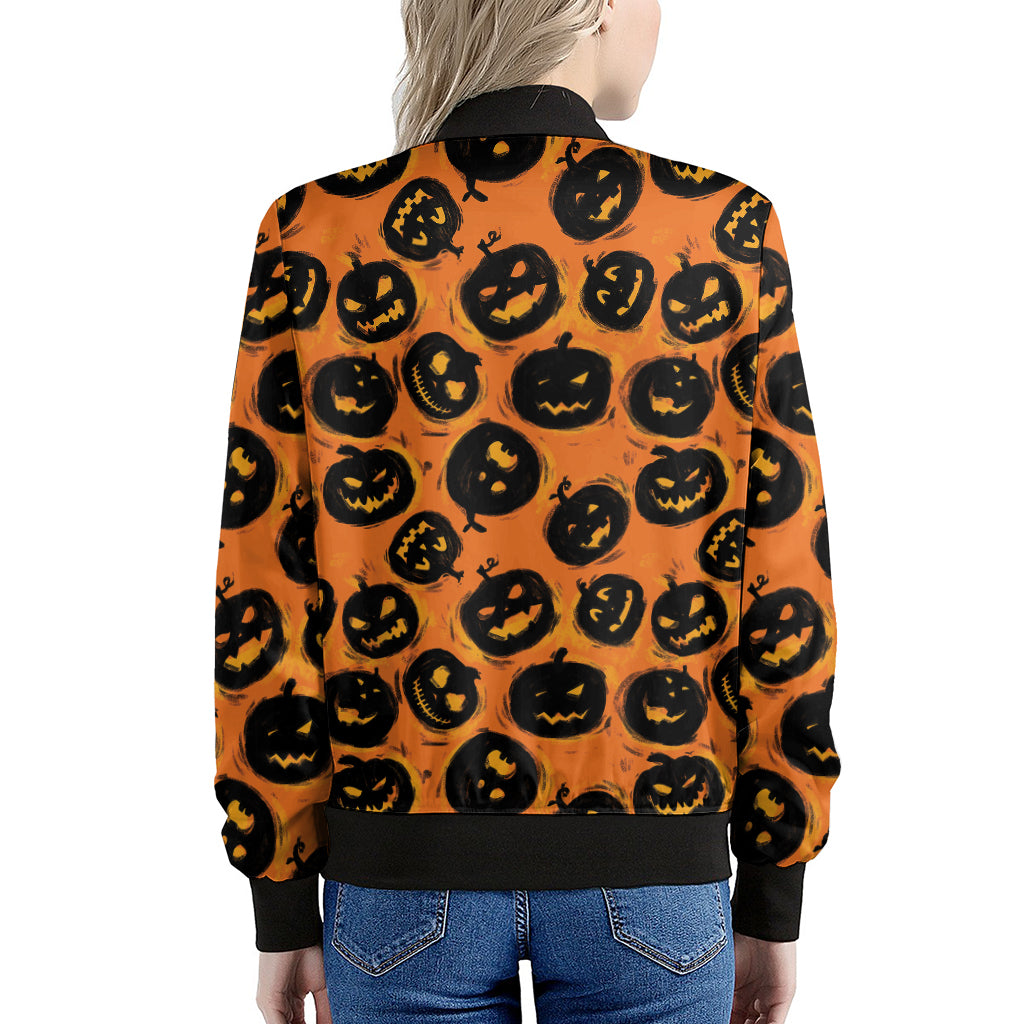 Black Halloween Pumpkin Pattern Print Women's Bomber Jacket