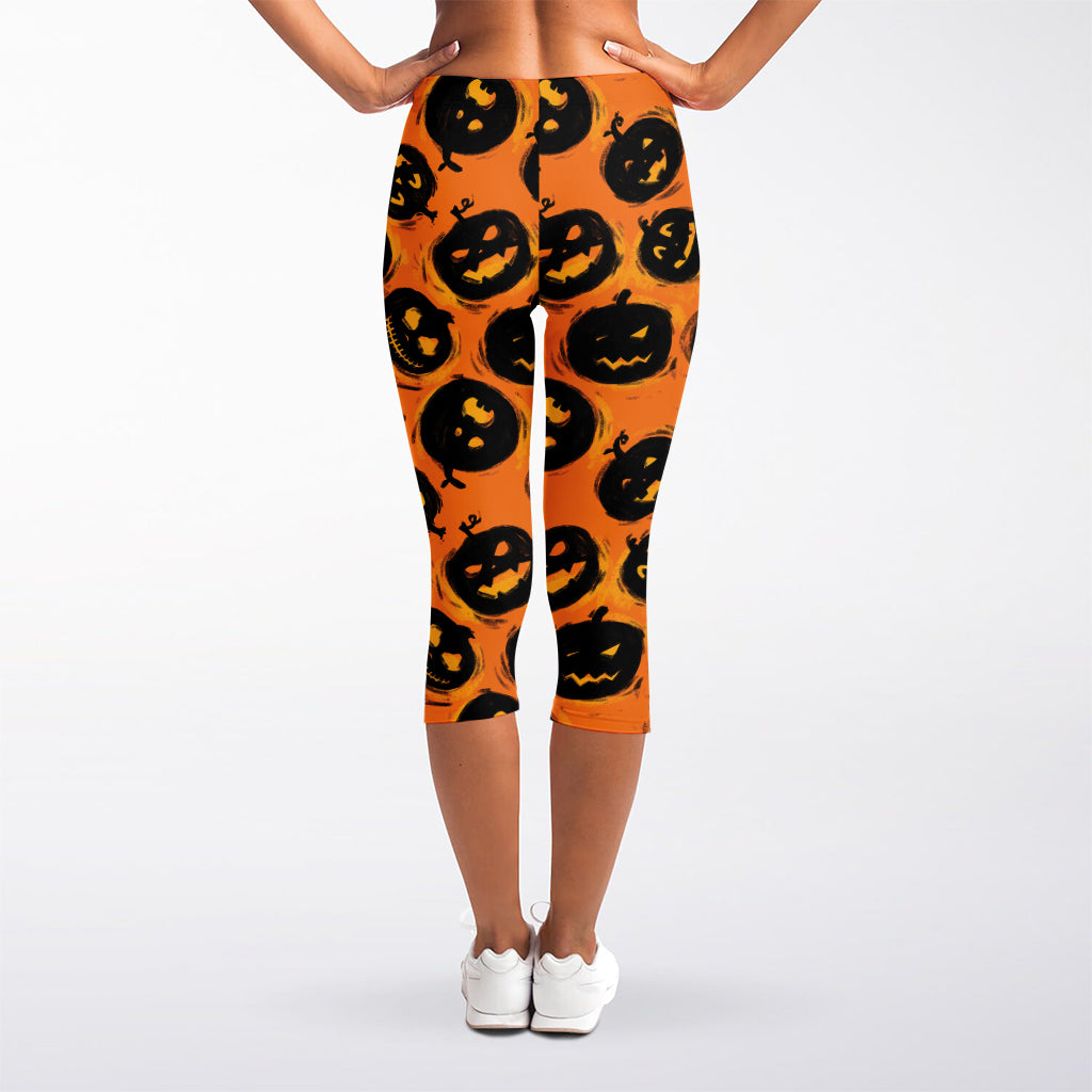 Black Halloween Pumpkin Pattern Print Women's Capri Leggings