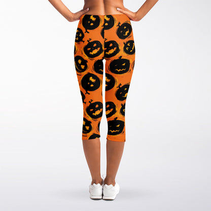 Black Halloween Pumpkin Pattern Print Women's Capri Leggings