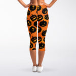 Black Halloween Pumpkin Pattern Print Women's Capri Leggings