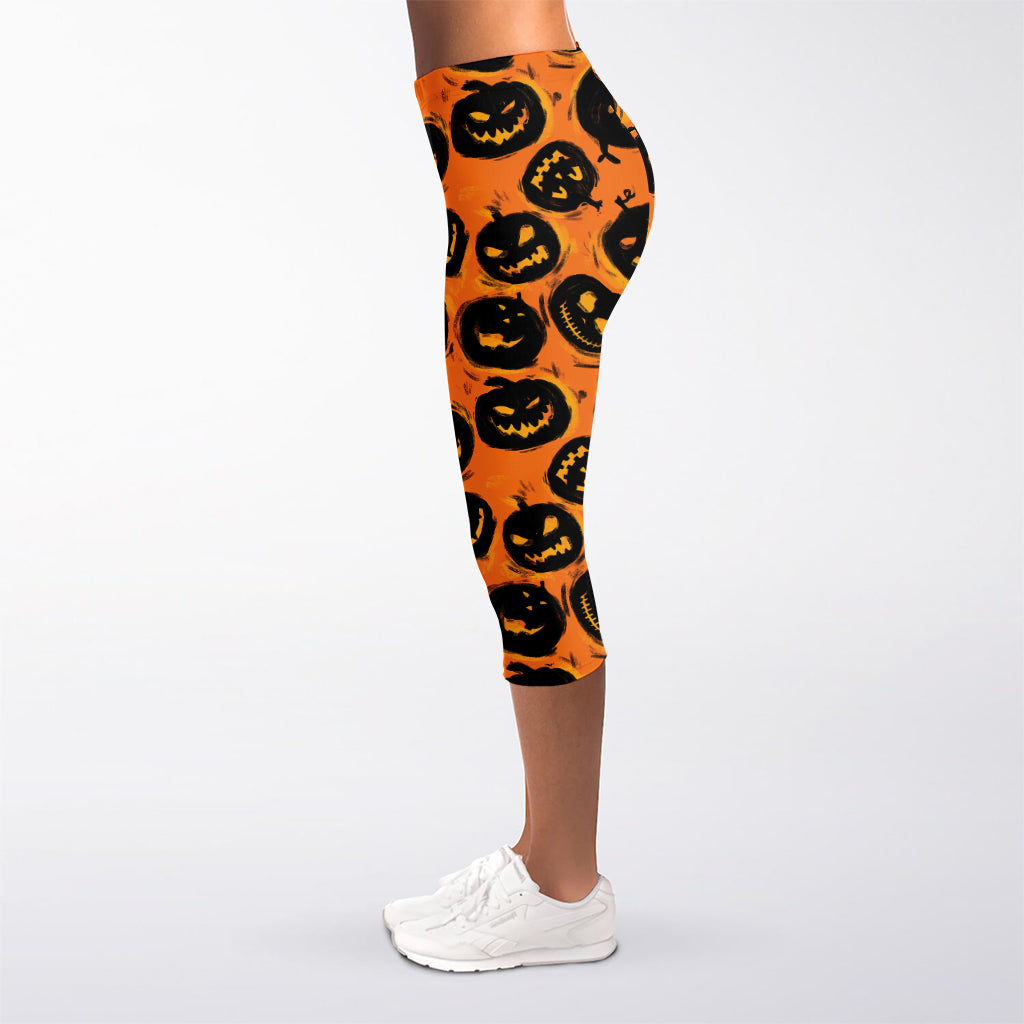 Black Halloween Pumpkin Pattern Print Women's Capri Leggings