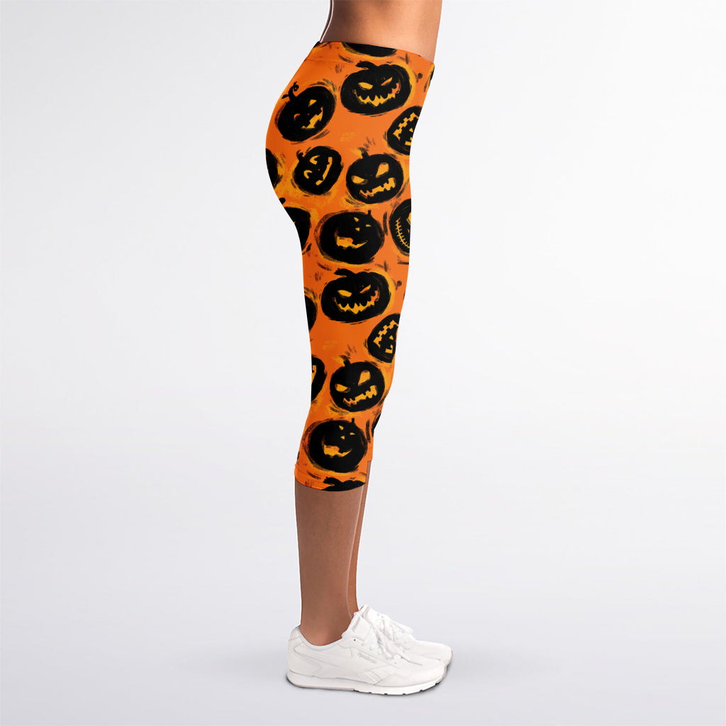 Black Halloween Pumpkin Pattern Print Women's Capri Leggings