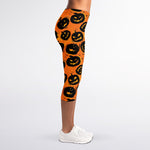 Black Halloween Pumpkin Pattern Print Women's Capri Leggings