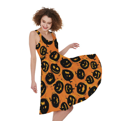 Black Halloween Pumpkin Pattern Print Women's Sleeveless Dress