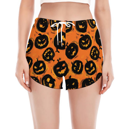 Black Halloween Pumpkin Pattern Print Women's Split Running Shorts