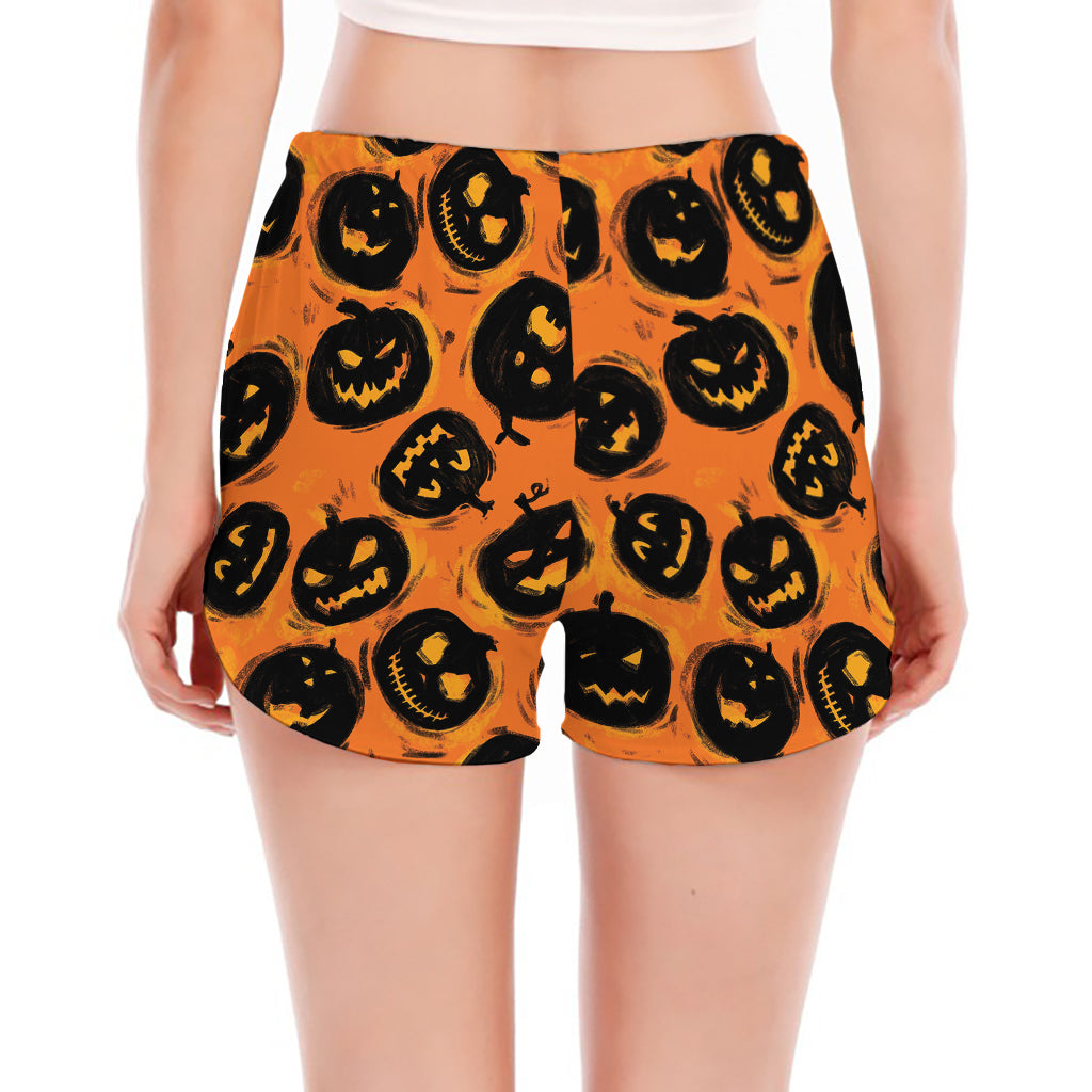 Black Halloween Pumpkin Pattern Print Women's Split Running Shorts