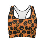 Black Halloween Pumpkin Pattern Print Women's Sports Bra