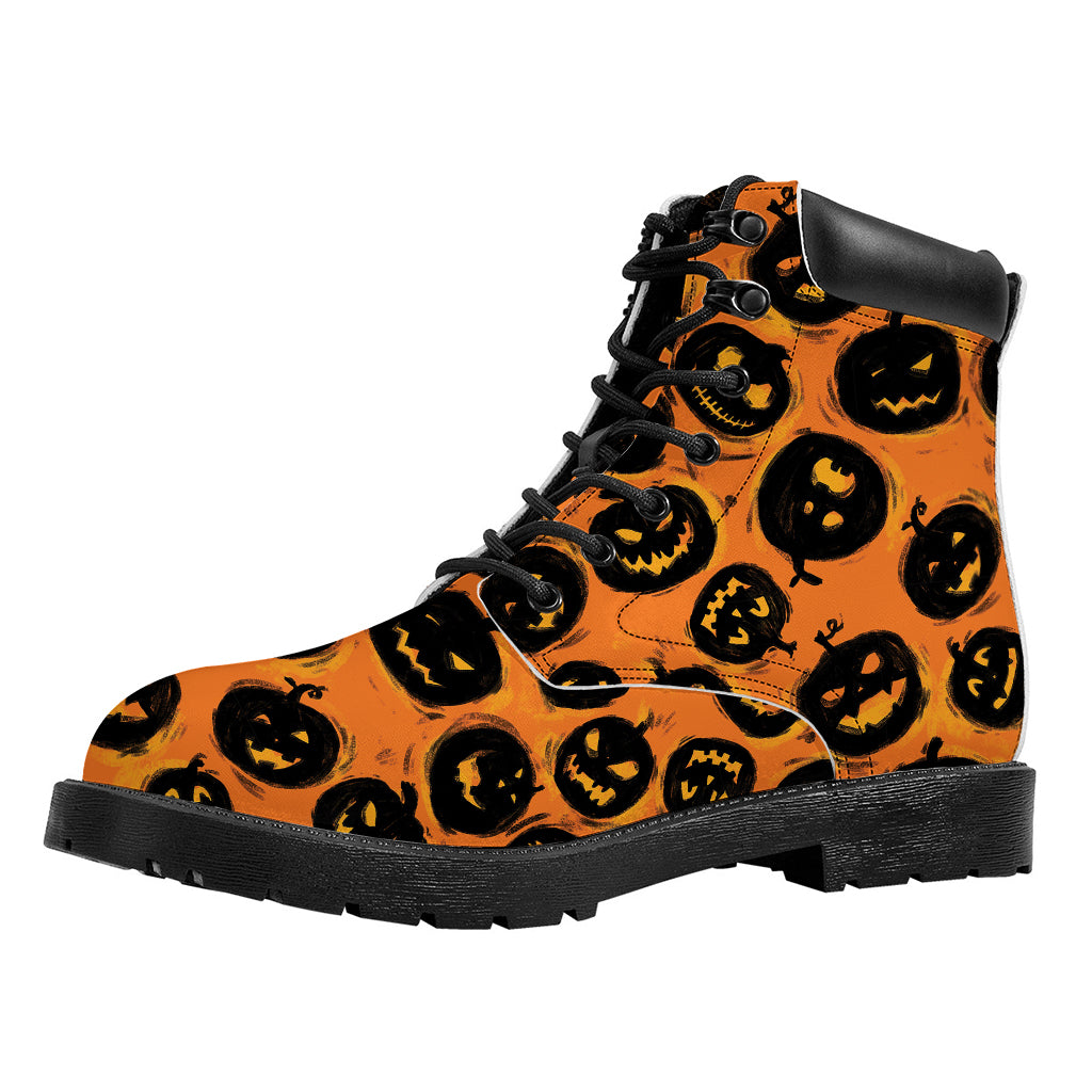 Black Halloween Pumpkin Pattern Print Work Boots