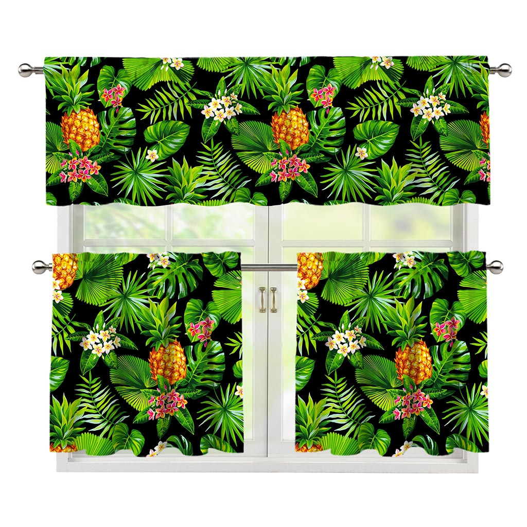 Black Hawaiian Pineapple Pattern Print 3 Piece Kitchen Curtains