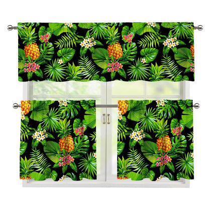 Black Hawaiian Pineapple Pattern Print 3 Piece Kitchen Curtains