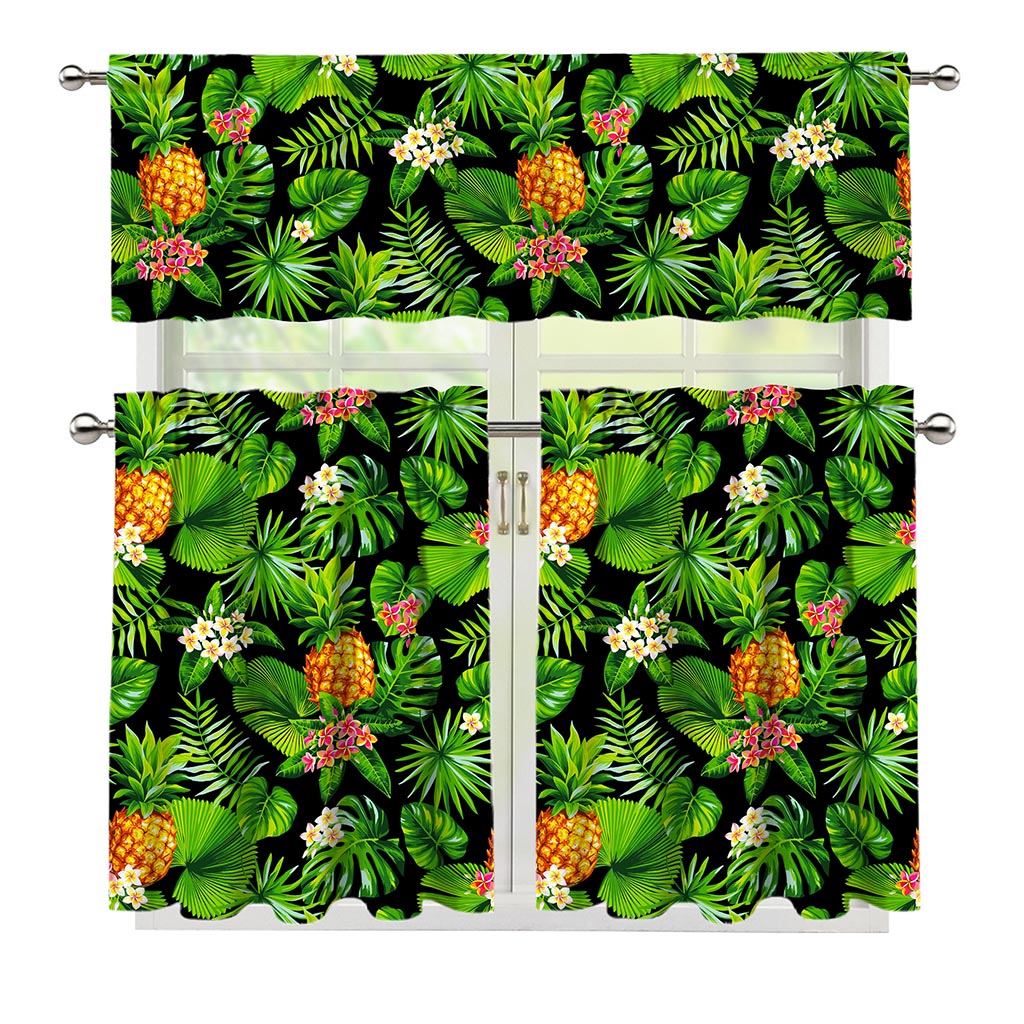 Black Hawaiian Pineapple Pattern Print 3 Piece Kitchen Curtains
