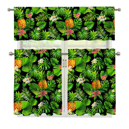 Black Hawaiian Pineapple Pattern Print 3 Piece Kitchen Curtains