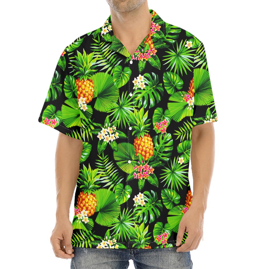 Black Hawaiian Pineapple Pattern Print Aloha Shirt