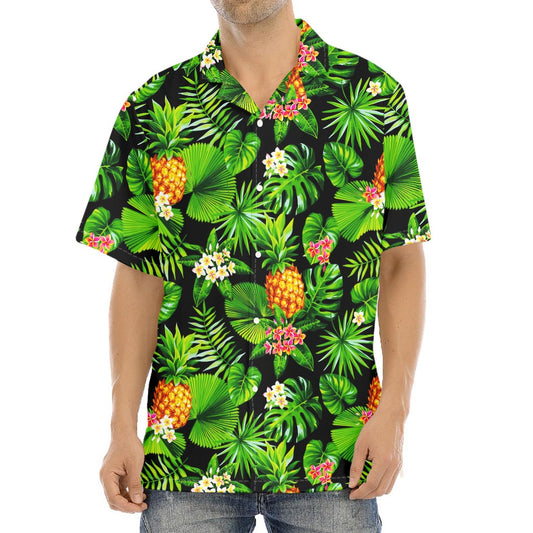 Black Hawaiian Pineapple Pattern Print Aloha Shirt