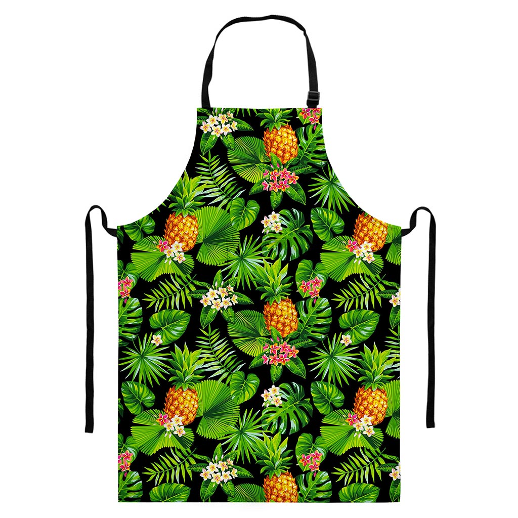 Black Hawaiian Pineapple Pattern Print Bib Apron With Pocket
