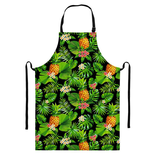Black Hawaiian Pineapple Pattern Print Bib Apron With Pocket