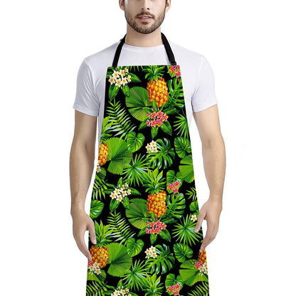 Black Hawaiian Pineapple Pattern Print Bib Apron With Pocket