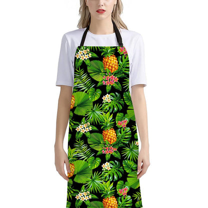 Black Hawaiian Pineapple Pattern Print Bib Apron With Pocket