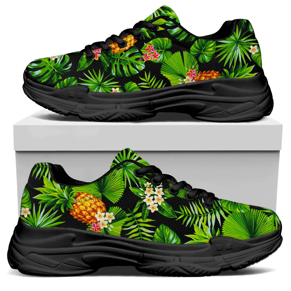 Black Hawaiian Pineapple Pattern Print Black Chunky Shoes