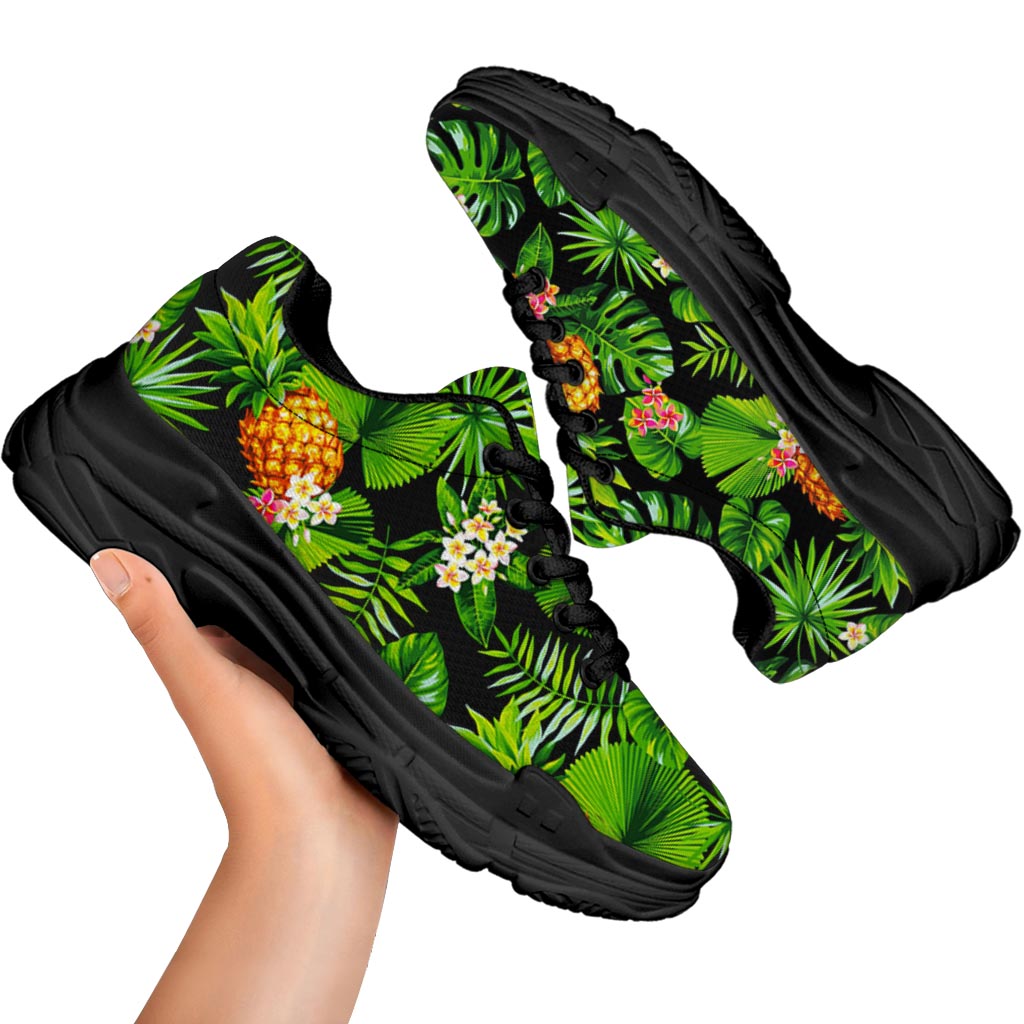 Black Hawaiian Pineapple Pattern Print Black Chunky Shoes