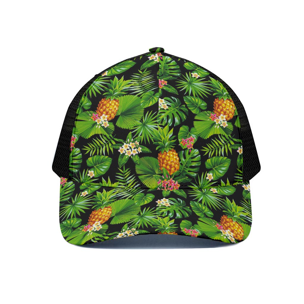 Black Hawaiian Pineapple Pattern Print Black Mesh Trucker Cap