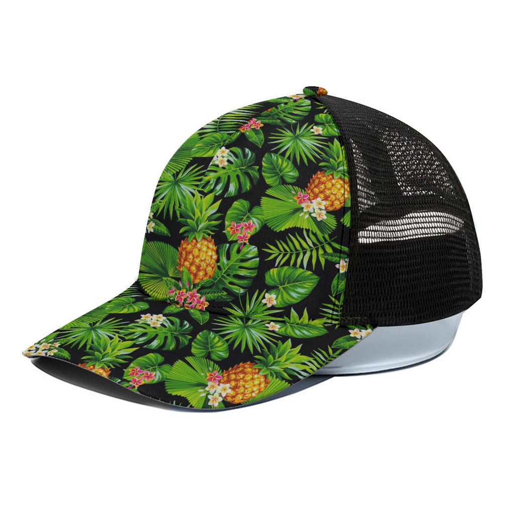 Black Hawaiian Pineapple Pattern Print Black Mesh Trucker Cap