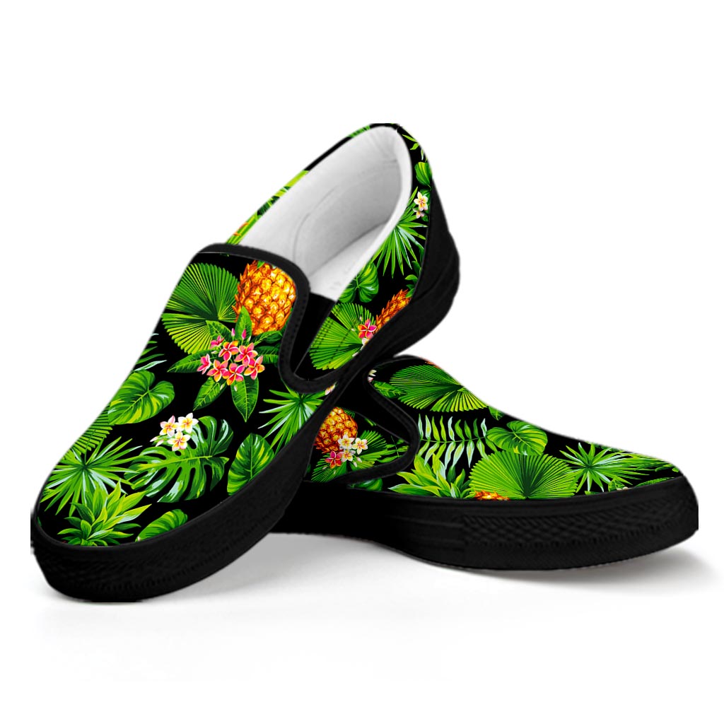 Black Hawaiian Pineapple Pattern Print Black Slip On Sneakers